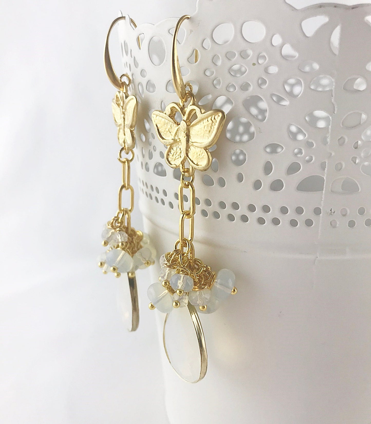 Butterfly Opal Earrings | Gold-Plated Boho Bridal Jewelry | Handcrafted Dangle Earrings