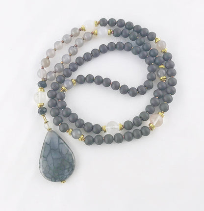 Long Boho Necklace with Agate Pendant | Grey and Gold Beaded Statement Jewelry | Handcrafted Ibiza-Style Women's Accessory