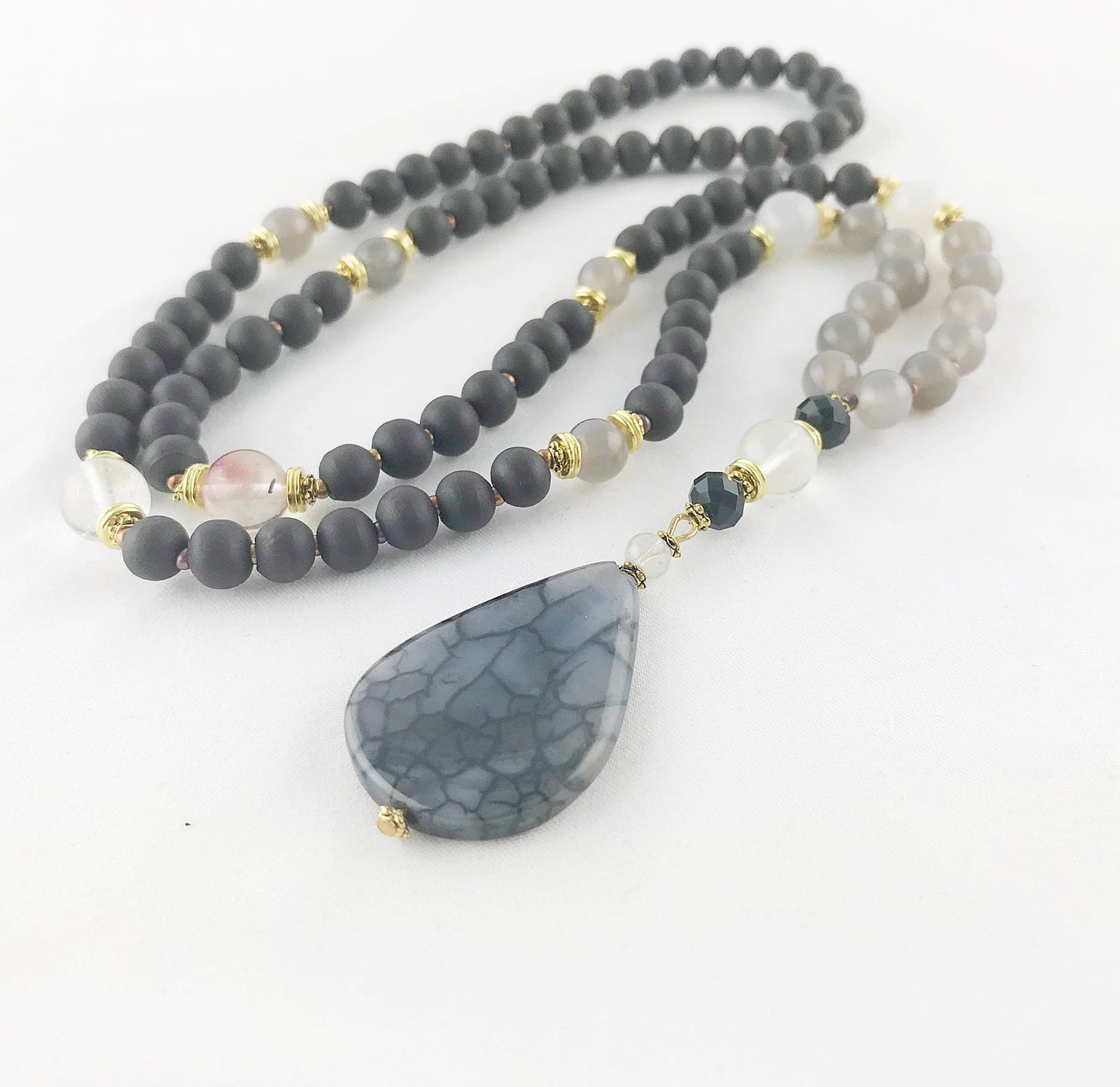 Long Boho Necklace with Agate Pendant | Grey and Gold Beaded Statement Jewelry | Handcrafted Ibiza-Style Women's Accessory