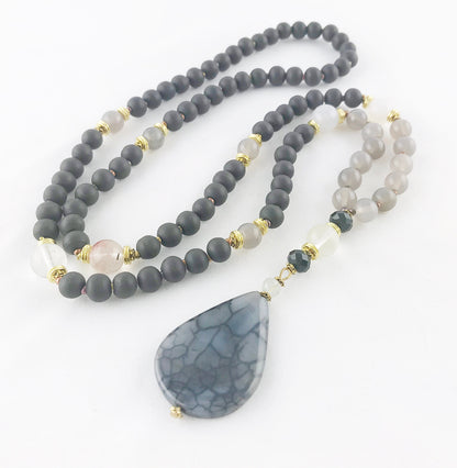 Long Boho Necklace with Agate Pendant | Grey and Gold Beaded Statement Jewelry | Handcrafted Ibiza-Style Women's Accessory