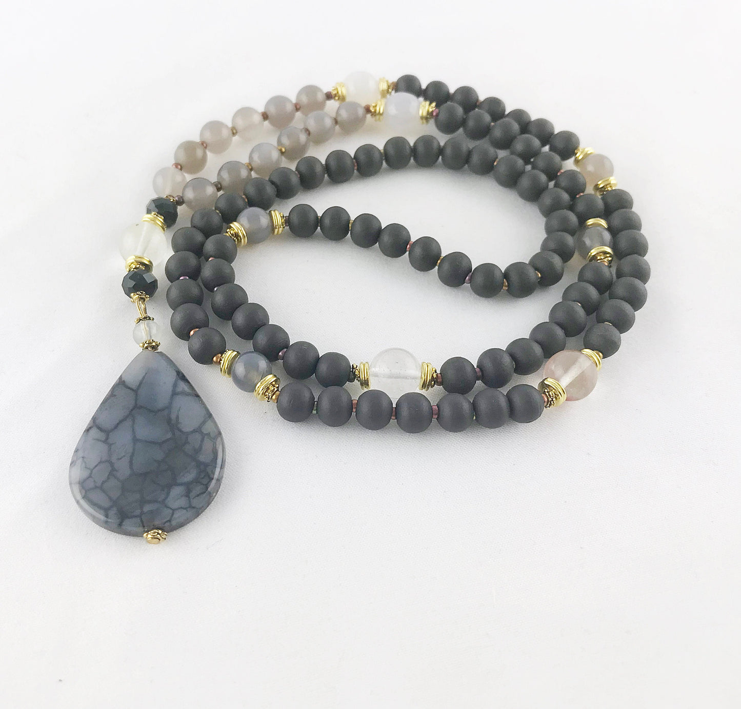 Long Boho Necklace with Agate Pendant | Grey and Gold Beaded Statement Jewelry | Handcrafted Ibiza-Style Women's Accessory