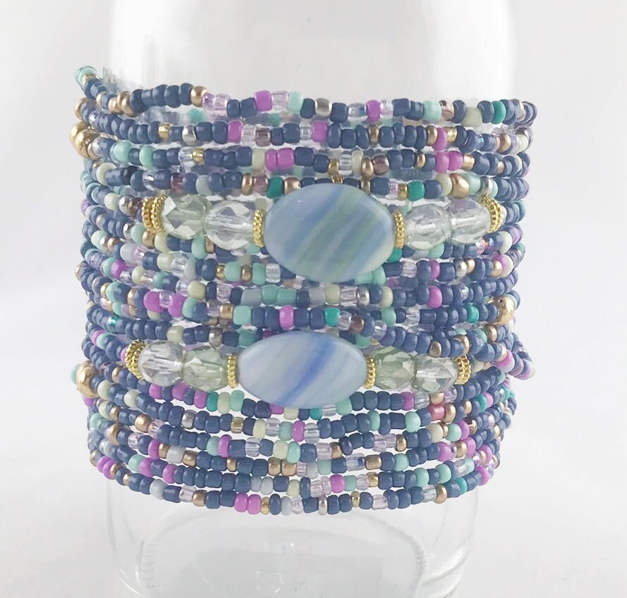 Dreamy Boho Wrap Bracelet Cornflower Garden | Handmade Glass Bead Jewelry | Ibiza Style Multi-Wear Accessory