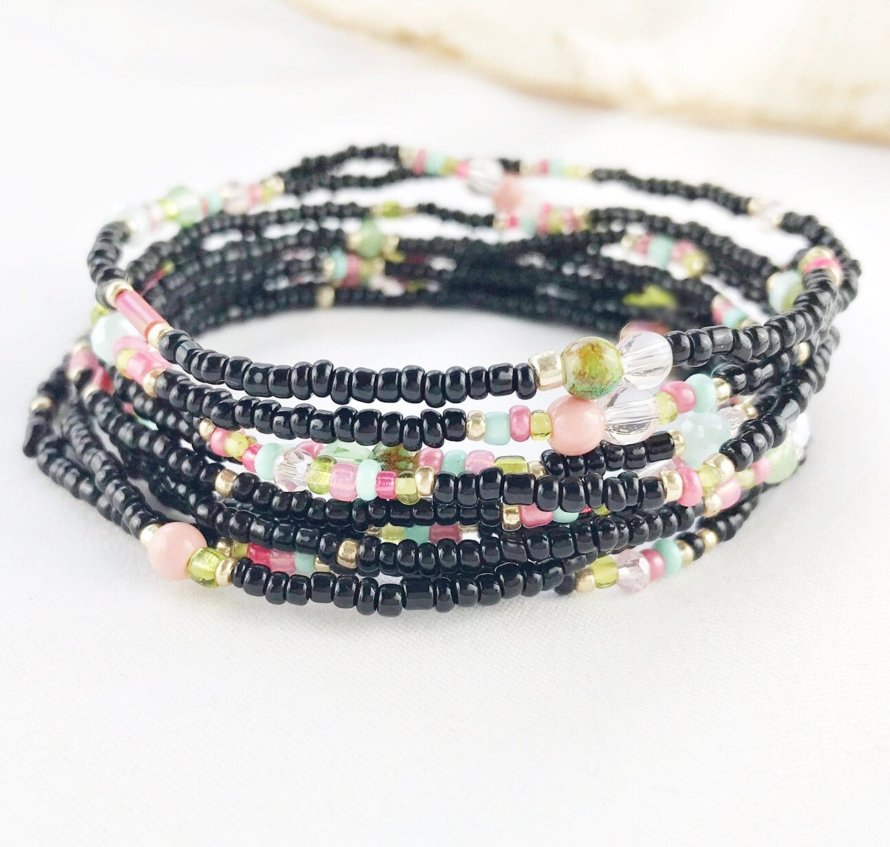 Handmade Boho Wrap Bracelet "Powder Peonies" | Multi-Color Glass Bead Jewelry | Adjustable Ibiza Style Accessory