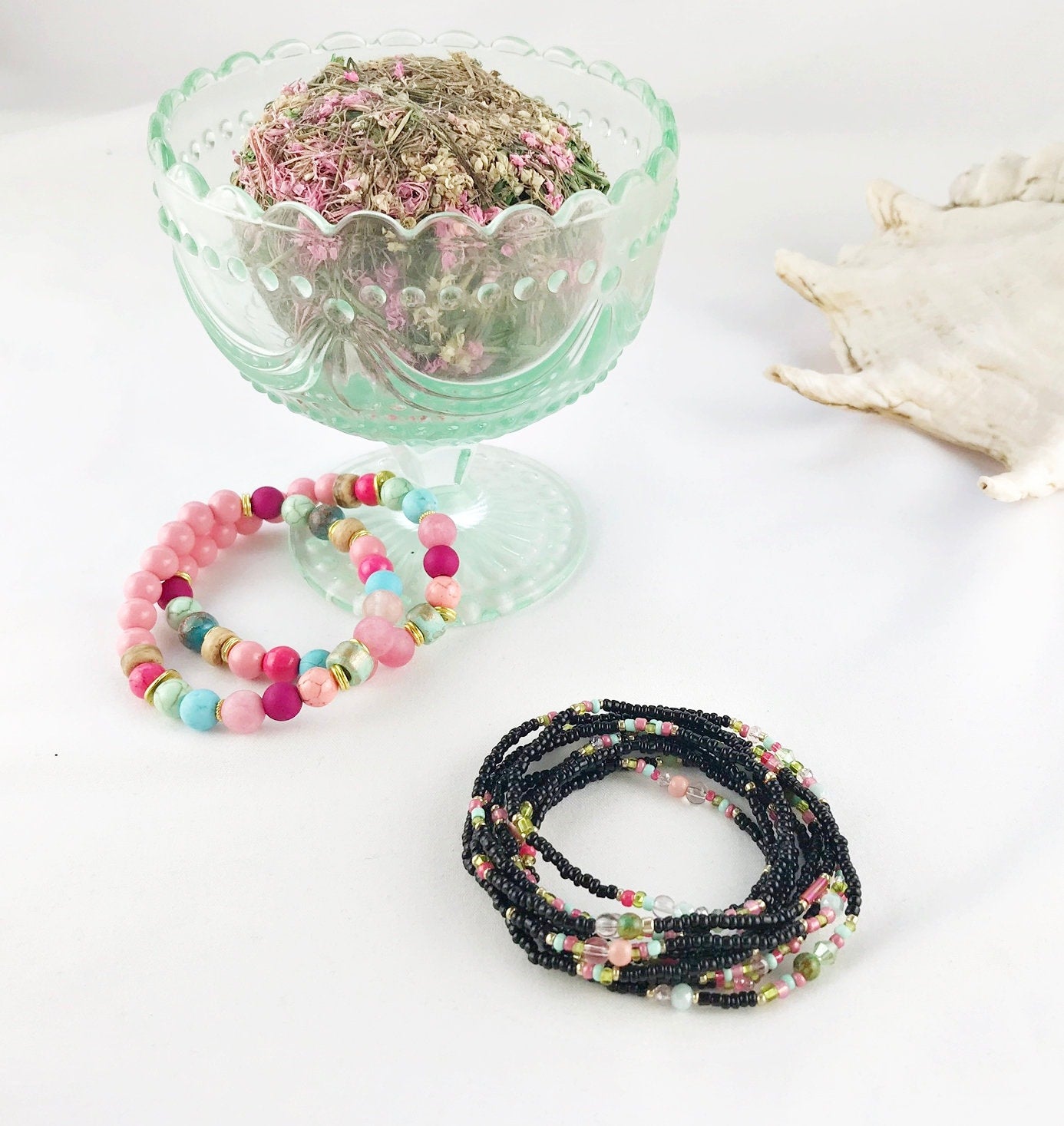 Handmade Boho Wrap Bracelet "Powder Peonies" | Multi-Color Glass Bead Jewelry | Adjustable Ibiza Style Accessory