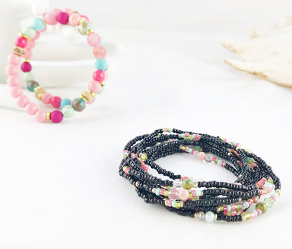 Handmade Boho Wrap Bracelet "Powder Peonies" | Multi-Color Glass Bead Jewelry | Adjustable Ibiza Style Accessory