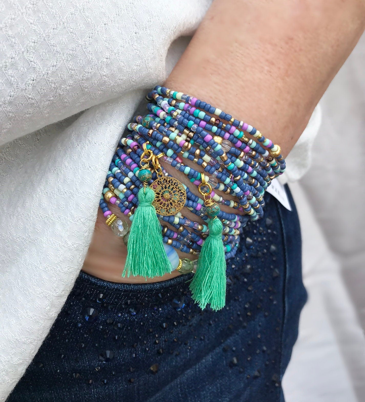 Dreamy Cornflower Blue Boho Wrap Bracelet | Handmade Multi-Strand Glass Bead Jewelry