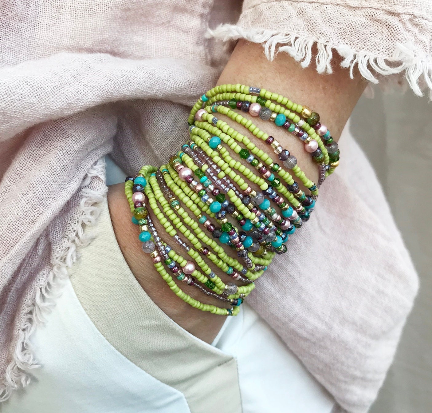 Delicate Boho Wrap Bracelet 'French Spring' - Multi-Color Glass Bead Jewelry for Women