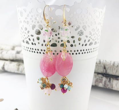 Floral Boho Gold Earrings | Handmade Gemstone Dangle Earrings | Grace Collection | Rose Quartz and Lampwork Beads