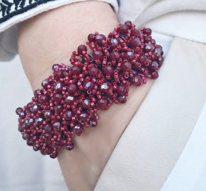 Red Iris Gold Boho Bracelet | Handmade Glass Crystal & Miyuki Bead Jewelry | Unique Women's Arm Candy