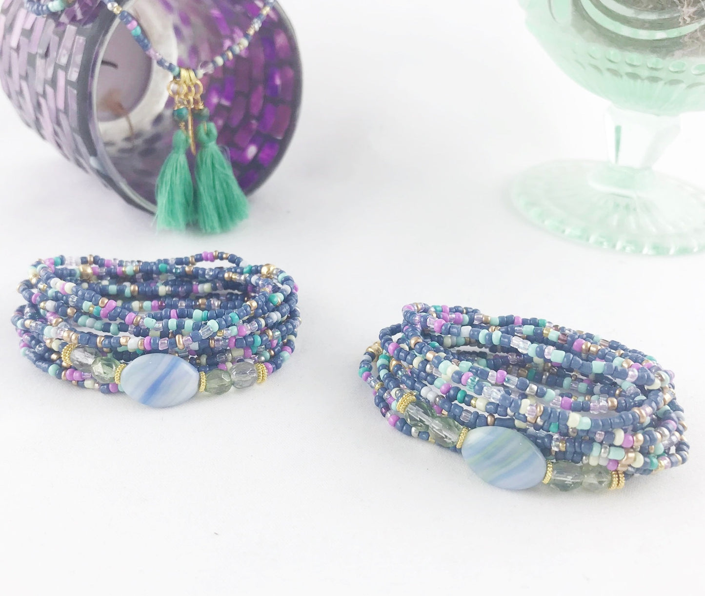 Dreamy Boho Wrap Bracelet Cornflower Garden | Handmade Glass Bead Jewelry | Ibiza Style Multi-Wear Accessory