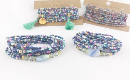 Dreamy Boho Wrap Bracelet Cornflower Garden | Handmade Glass Bead Jewelry | Ibiza Style Multi-Wear Accessory