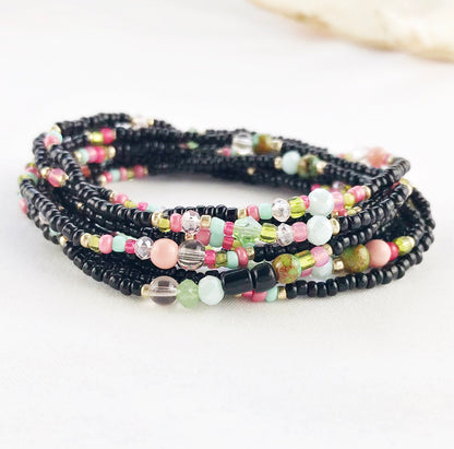 Handmade Boho Wrap Bracelet "Powder Peonies" | Multi-Color Glass Bead Jewelry | Adjustable Ibiza Style Accessory