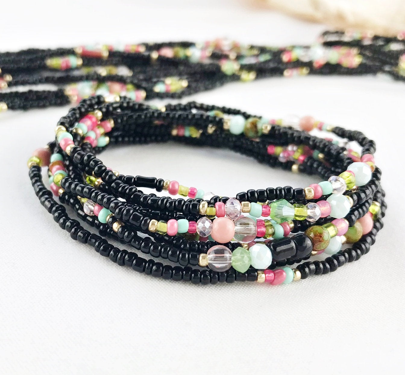 Handmade Boho Wrap Bracelet "Powder Peonies" | Multi-Color Glass Bead Jewelry | Adjustable Ibiza Style Accessory