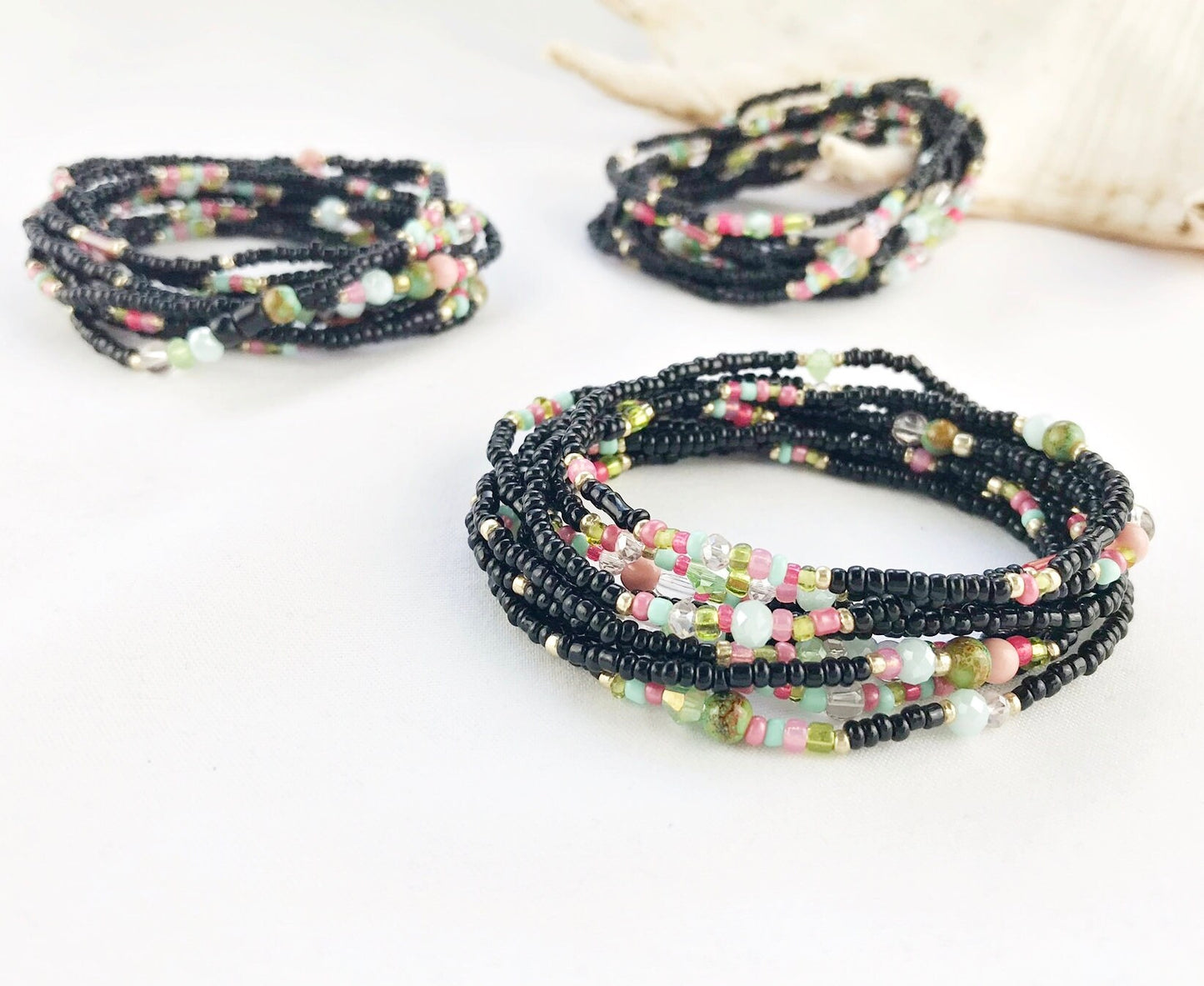 Handmade Boho Wrap Bracelet "Powder Peonies" | Multi-Color Glass Bead Jewelry | Adjustable Ibiza Style Accessory