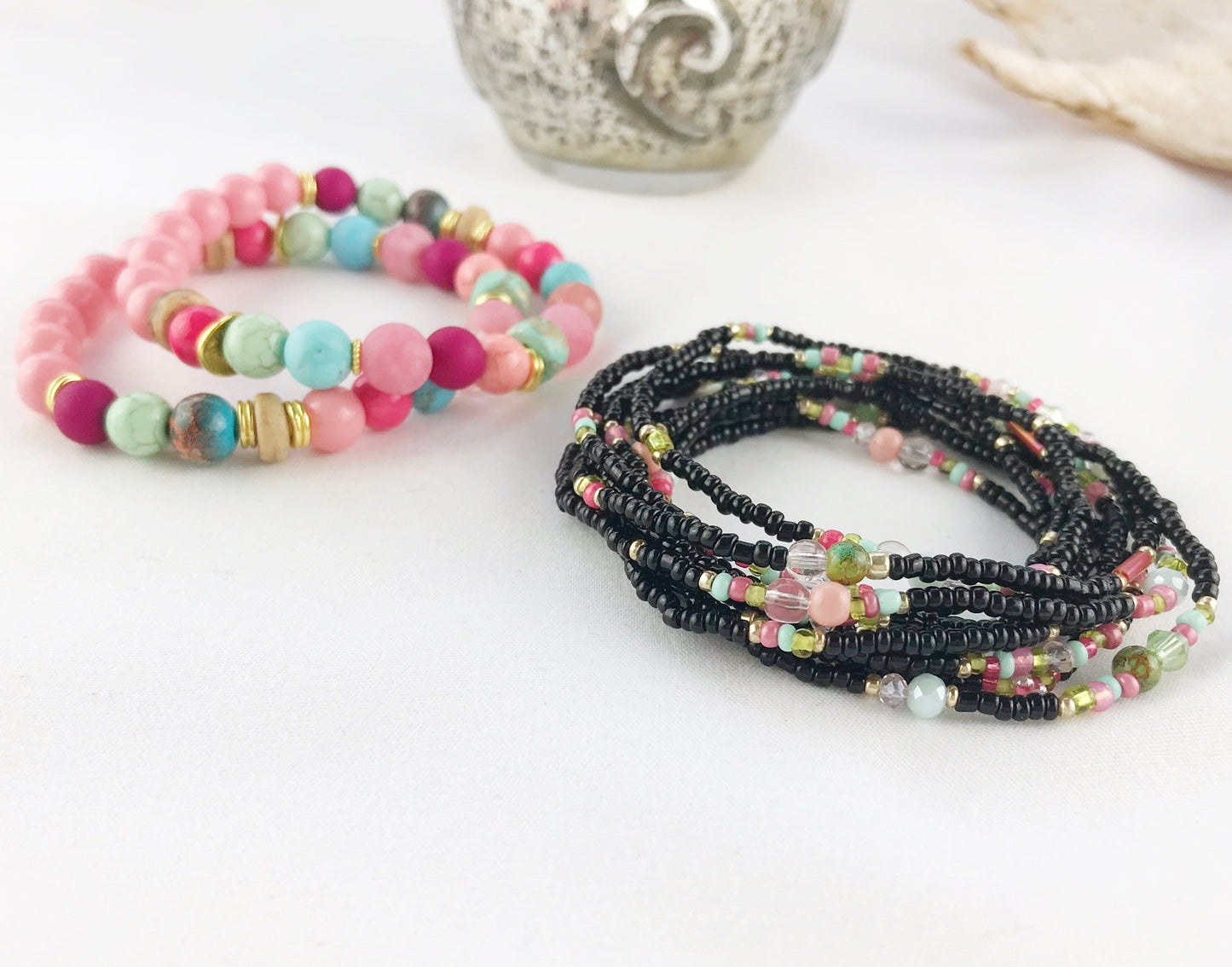 Handmade Boho Wrap Bracelet "Powder Peonies" | Multi-Color Glass Bead Jewelry | Adjustable Ibiza Style Accessory