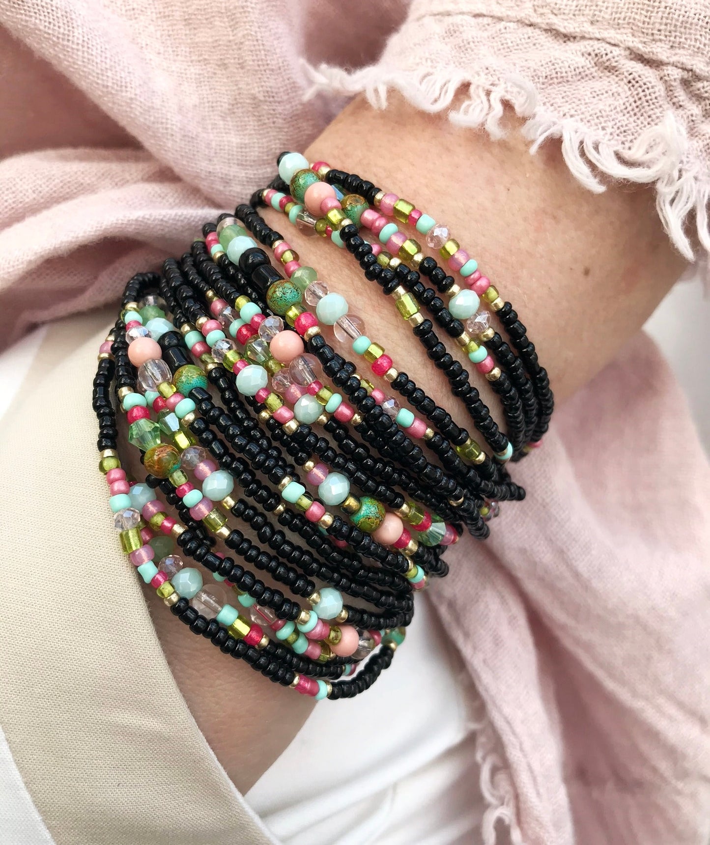 Handmade Boho Wrap Bracelet "Powder Peonies" | Multi-Color Glass Bead Jewelry | Adjustable Ibiza Style Accessory