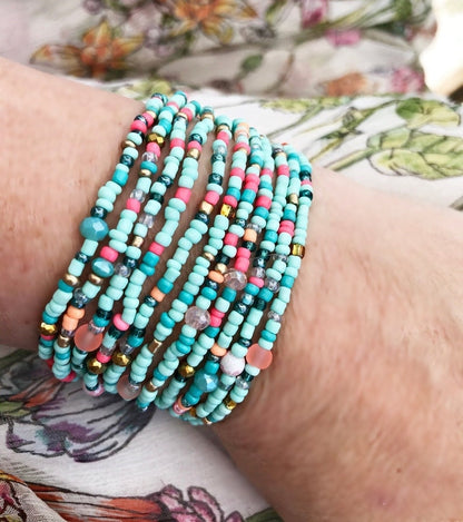 Boho Turquoise Coral Wrap Bracelet | Handmade Glass Bead Jewelry | Ibiza Style Multi-Strand Bracelet