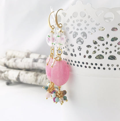 Floral Boho Gold Earrings | Handmade Gemstone Dangle Earrings | Grace Collection | Rose Quartz and Lampwork Beads