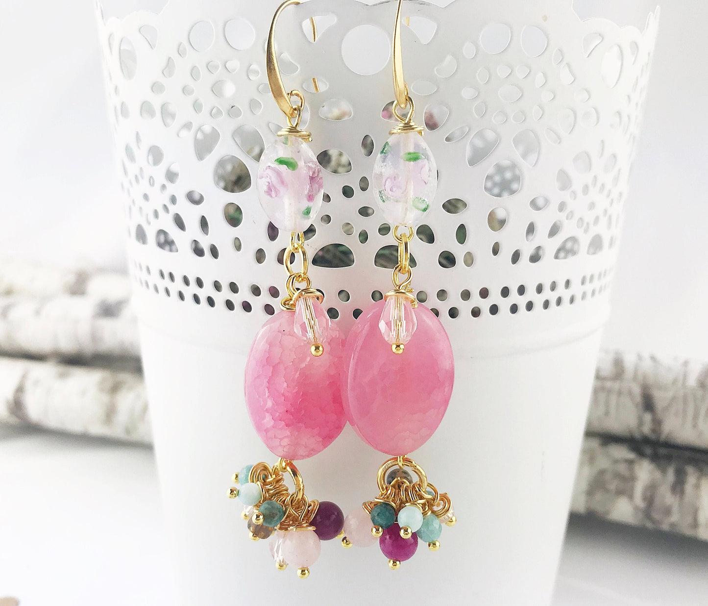 Floral Boho Gold Earrings | Handmade Gemstone Dangle Earrings | Grace Collection | Rose Quartz and Lampwork Beads