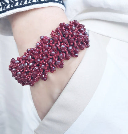 Red Iris Gold Boho Bracelet | Handmade Glass Crystal & Miyuki Bead Jewelry | Unique Women's Arm Candy