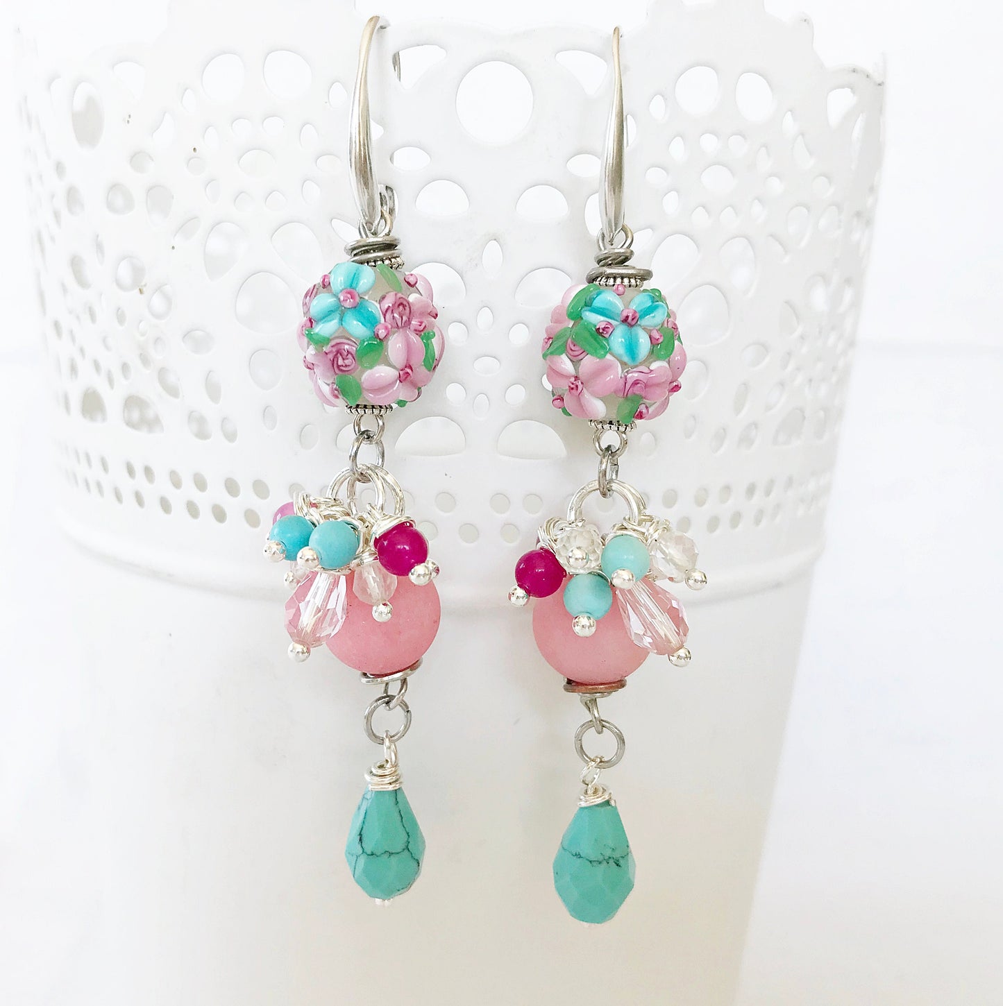 Boho Silver Dangle Earrings | Hera Semi-Precious Stones | Turquoise Murano Glass Lampwork Beads | Handcrafted Gemstone Jewelry