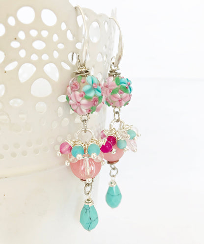 Boho Silver Dangle Earrings | Hera Semi-Precious Stones | Turquoise Murano Glass Lampwork Beads | Handcrafted Gemstone Jewelry