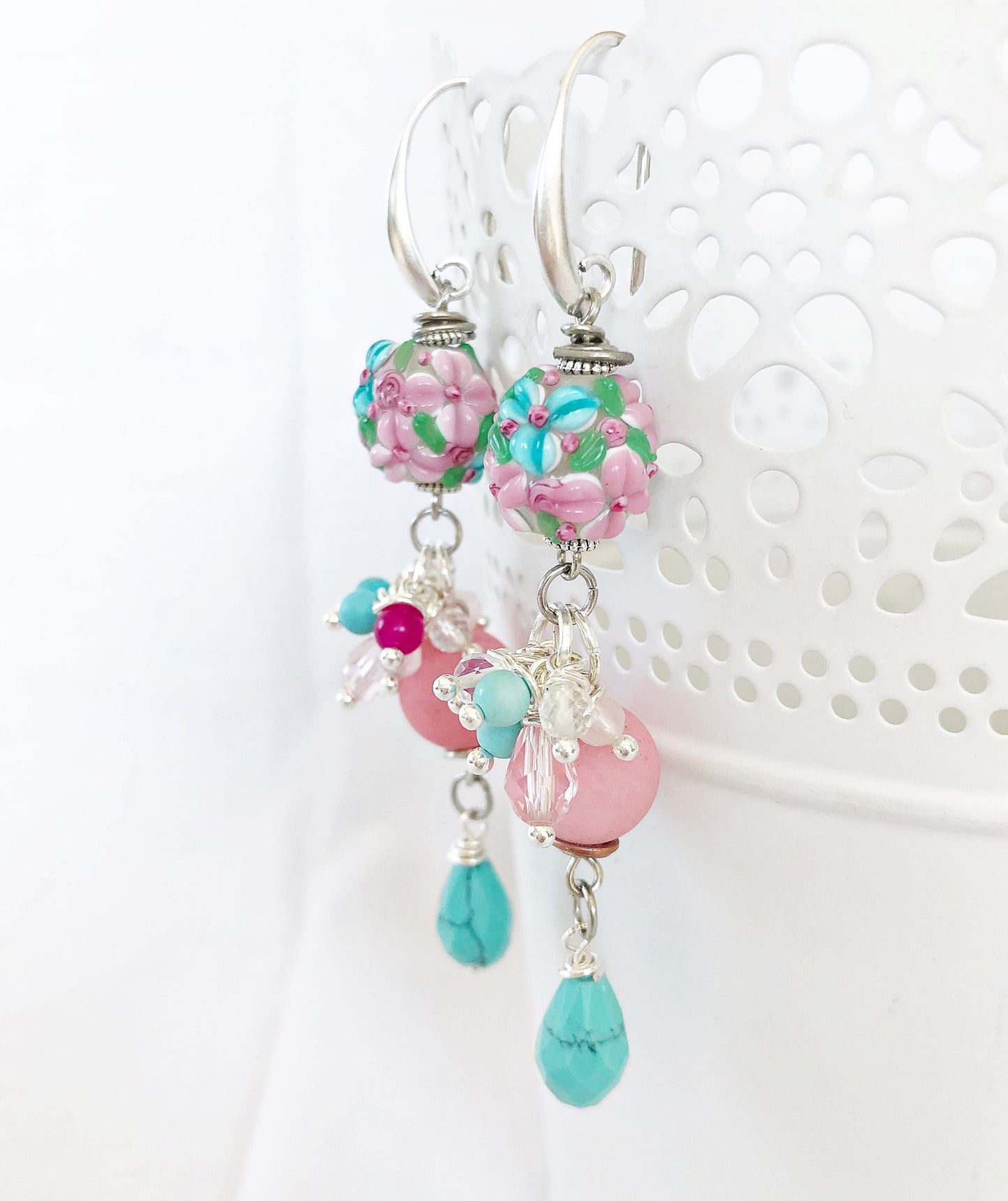 Boho Silver Dangle Earrings | Hera Semi-Precious Stones | Turquoise Murano Glass Lampwork Beads | Handcrafted Gemstone Jewelry