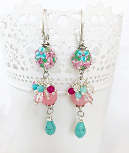 Boho Silver Dangle Earrings | Hera Semi-Precious Stones | Turquoise Murano Glass Lampwork Beads | Handcrafted Gemstone Jewelry