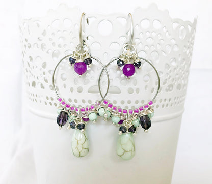 Boho Silver Drop Earrings | Enya Semi-Precious Stones | Designer Gemstone Creoles | Handcrafted Bohemian Jewelry