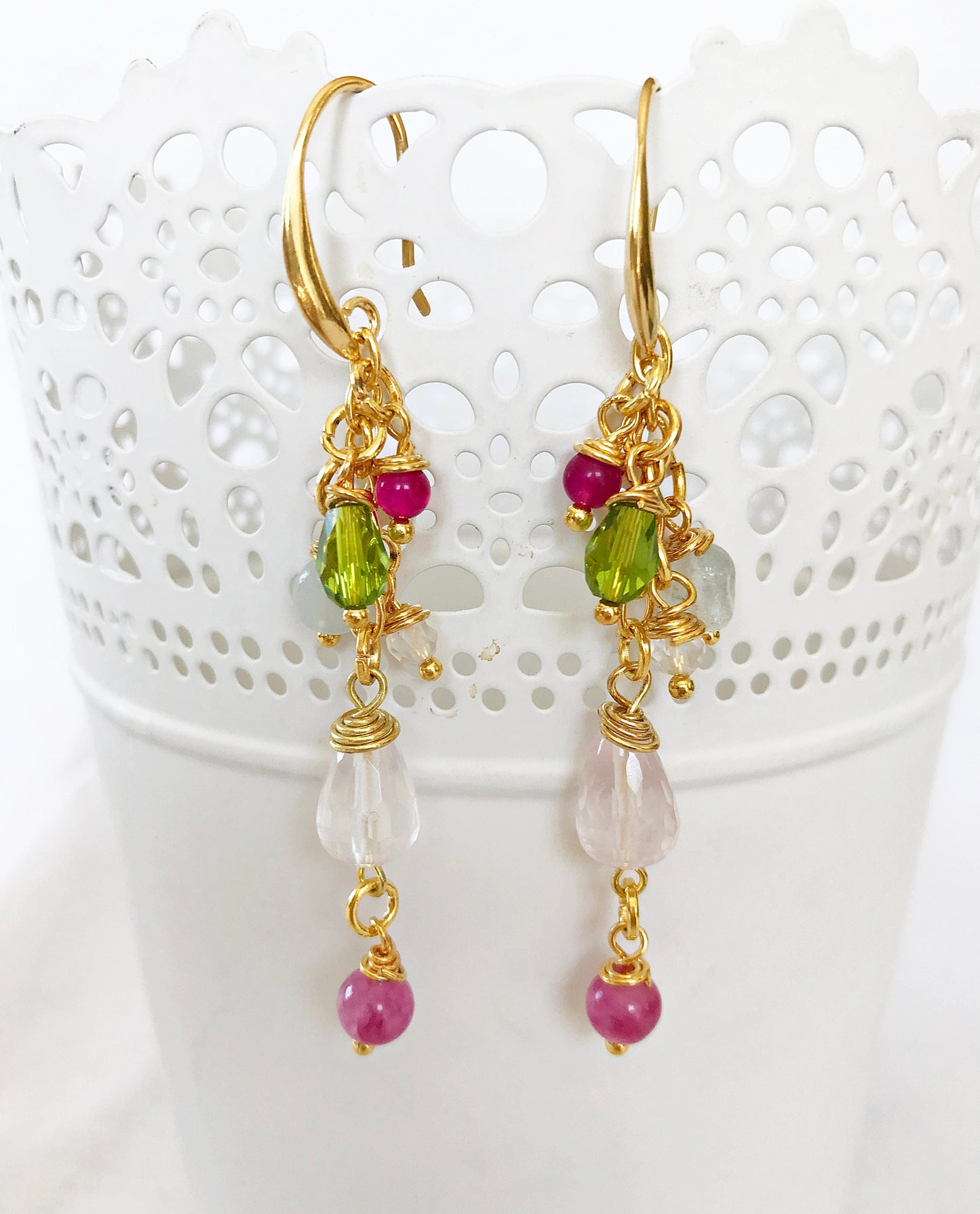 Fenna Gold Boho Drop Earrings | Aquamarine Ruby Gemstone Jewelry | Designer Bohemian Dangle Earrings