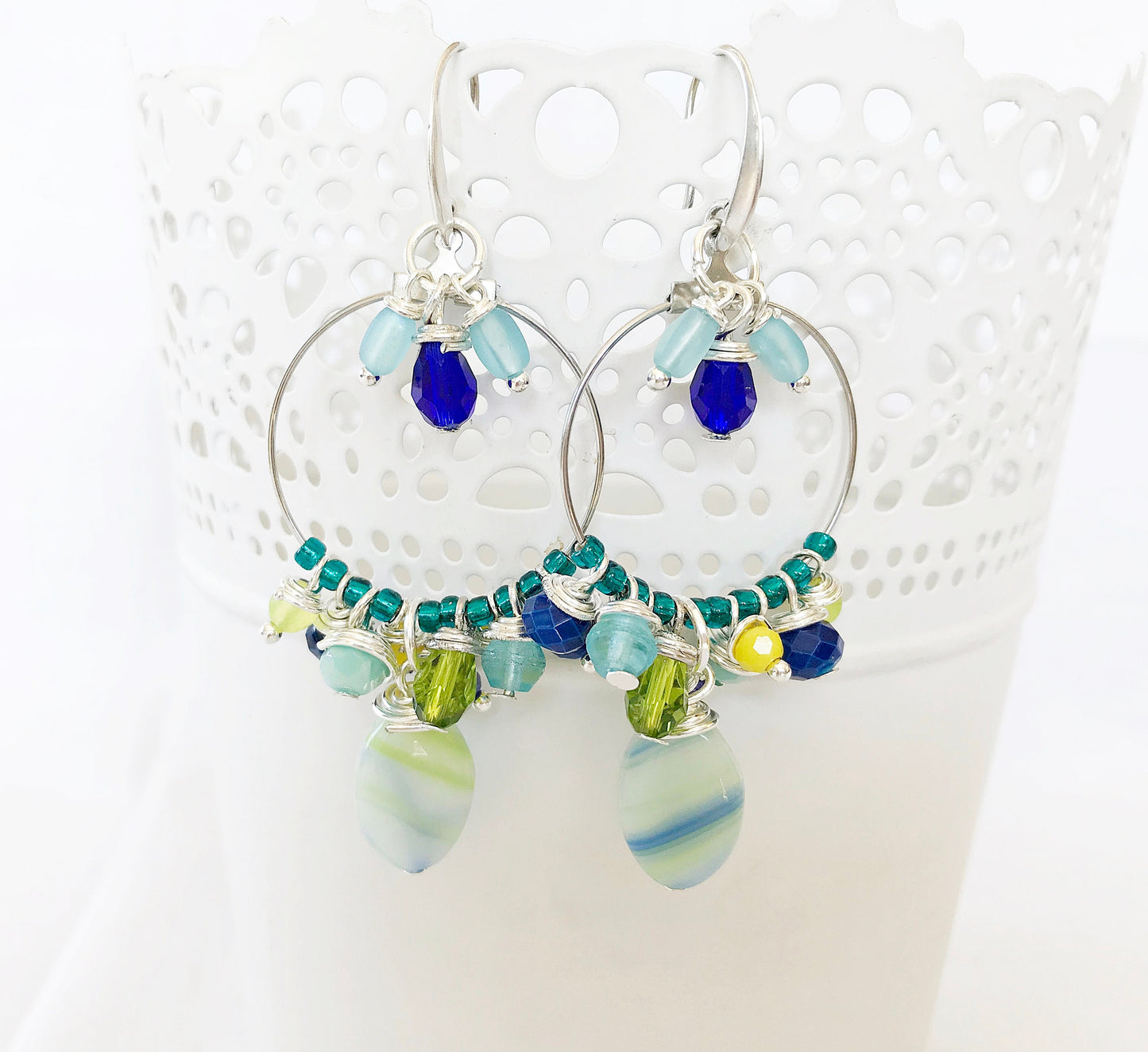 Boho Silver Dangle Earrings | Blue Lagoon Nereide | Turquoise Beaded Hoops | Handmade Designer Jewelry