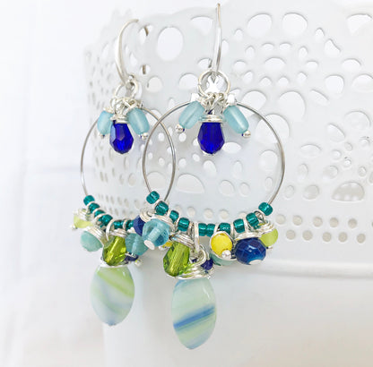 Boho Silver Dangle Earrings | Blue Lagoon Nereide | Turquoise Beaded Hoops | Handmade Designer Jewelry