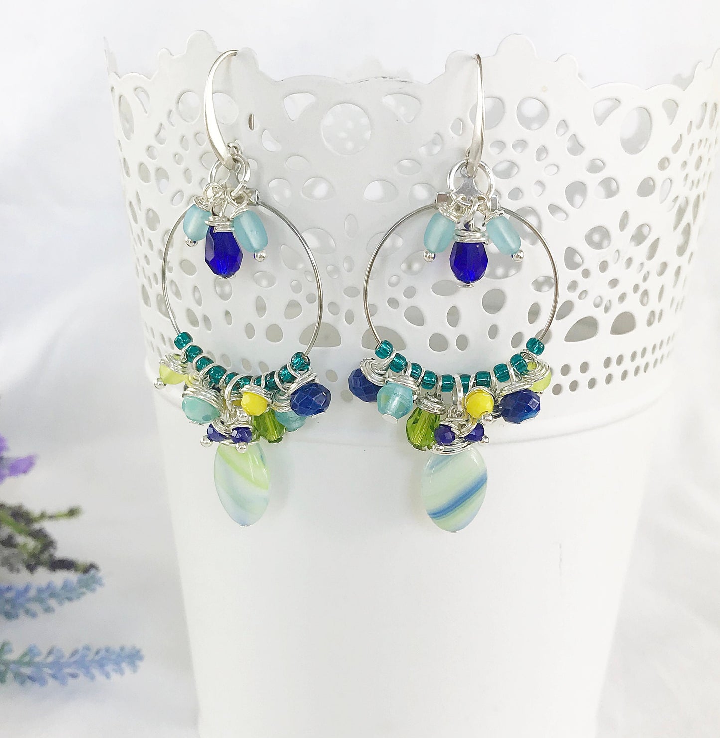 Boho Silver Dangle Earrings | Blue Lagoon Nereide | Turquoise Beaded Hoops | Handmade Designer Jewelry