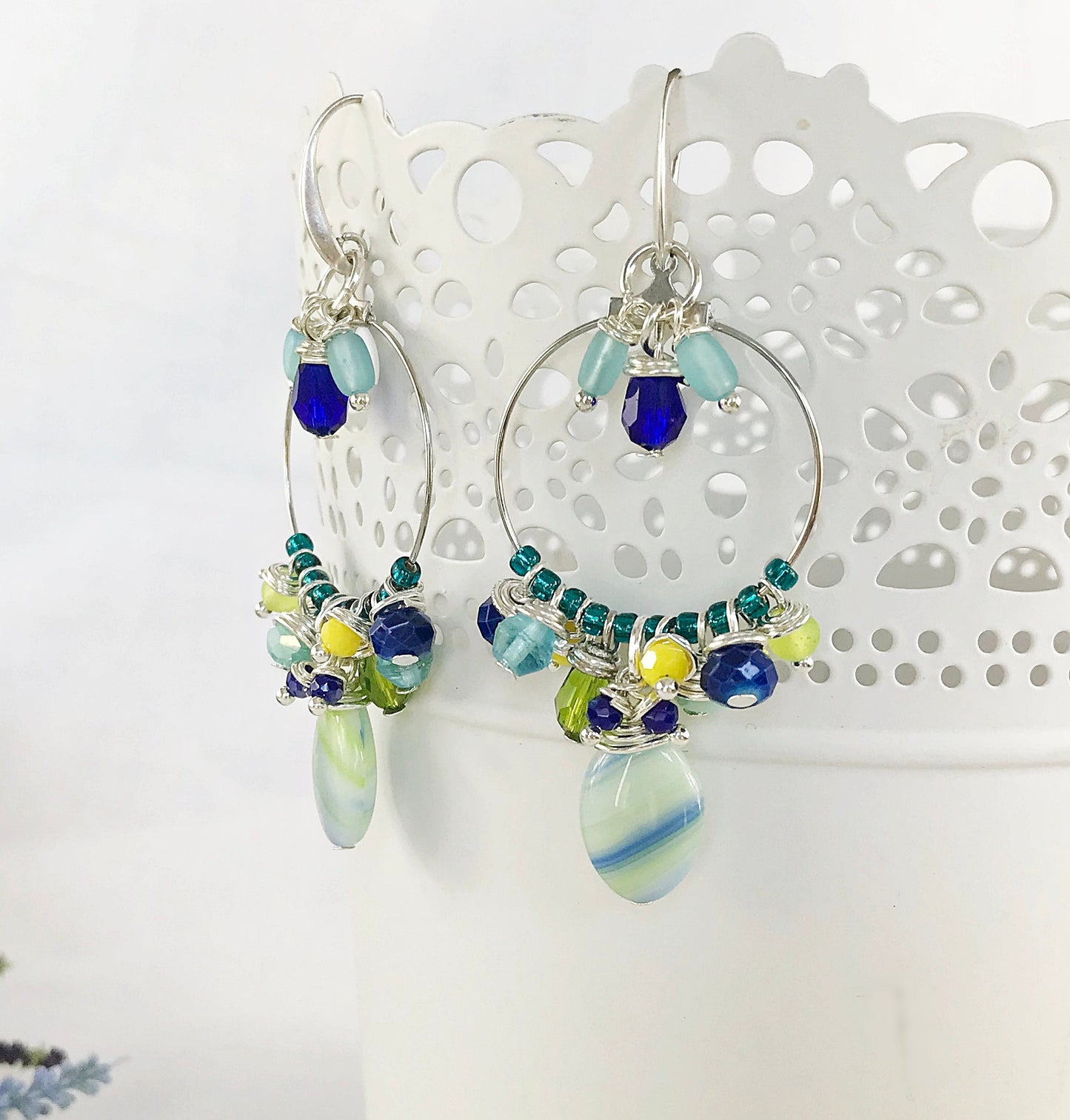 Boho Silver Dangle Earrings | Blue Lagoon Nereide | Turquoise Beaded Hoops | Handmade Designer Jewelry