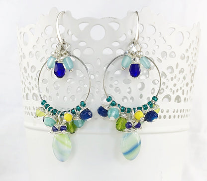 Boho Silver Dangle Earrings | Blue Lagoon Nereide | Turquoise Beaded Hoops | Handmade Designer Jewelry