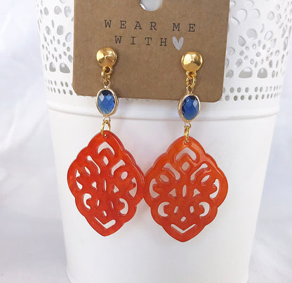 Boho Statement Earrings - Gold Dangle Earrings with Orange and Blue Resin Pendants | IbizaSchmuck