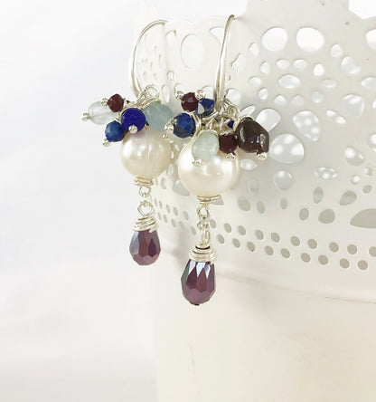 Bubble Pearl Earrings | RED MOON Boho Style | Sterling Silver Dangle Earrings with Freshwater Pearls, Aquamarine, Lapis Lazuli