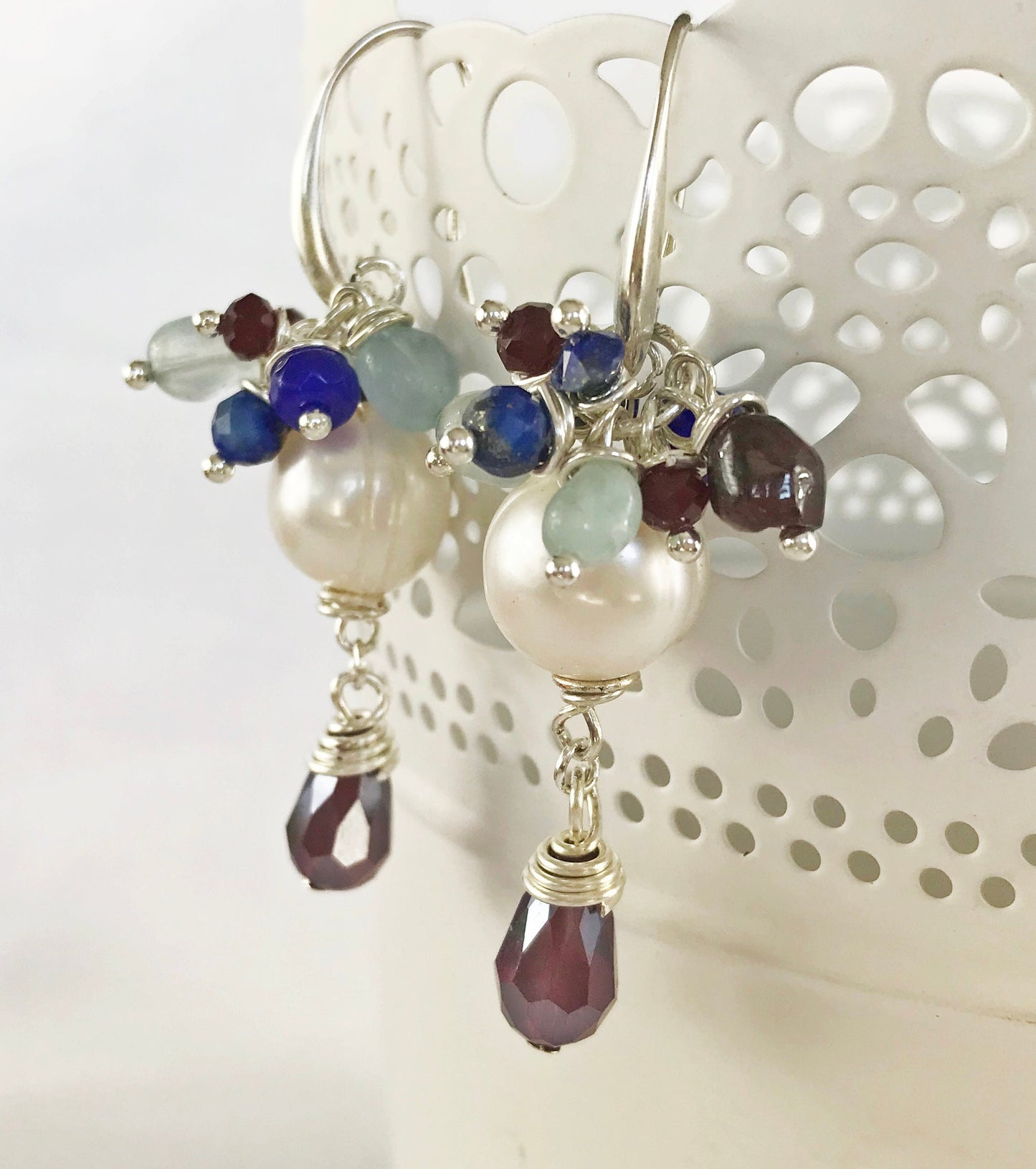 Bubble Pearl Earrings | RED MOON Boho Style | Sterling Silver Dangle Earrings with Freshwater Pearls, Aquamarine, Lapis Lazuli