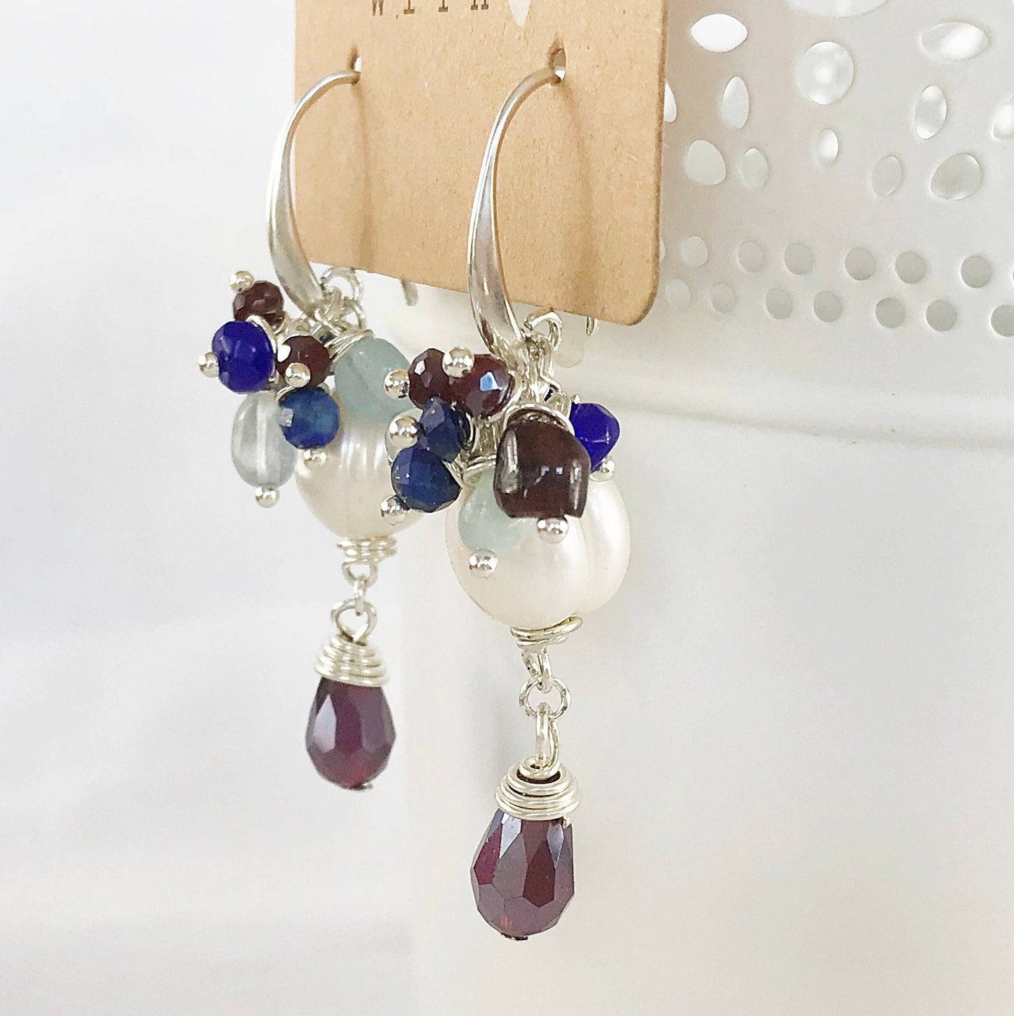 Bubble Pearl Earrings | RED MOON Boho Style | Sterling Silver Dangle Earrings with Freshwater Pearls, Aquamarine, Lapis Lazuli