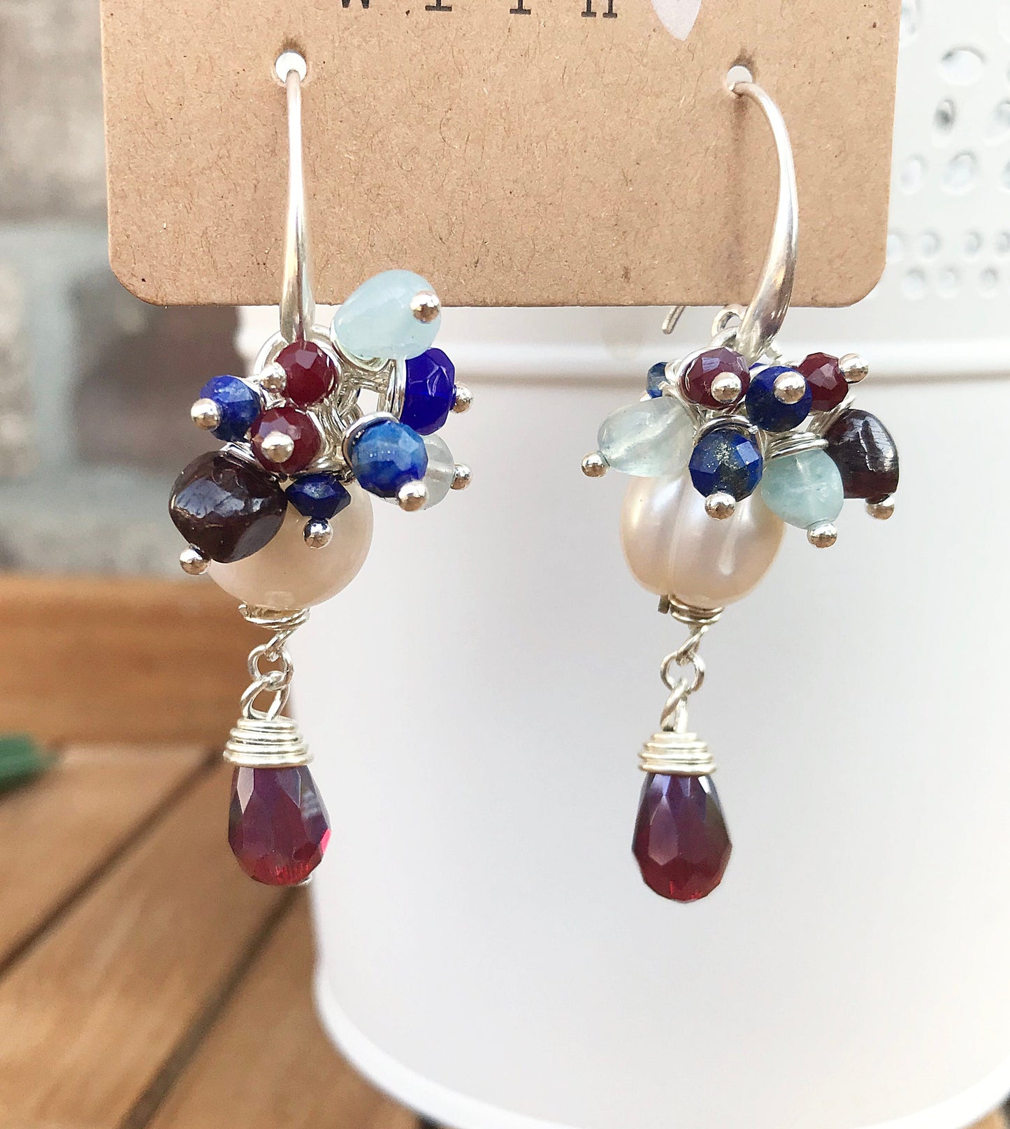 Bubble Pearl Earrings | RED MOON Boho Style | Sterling Silver Dangle Earrings with Freshwater Pearls, Aquamarine, Lapis Lazuli