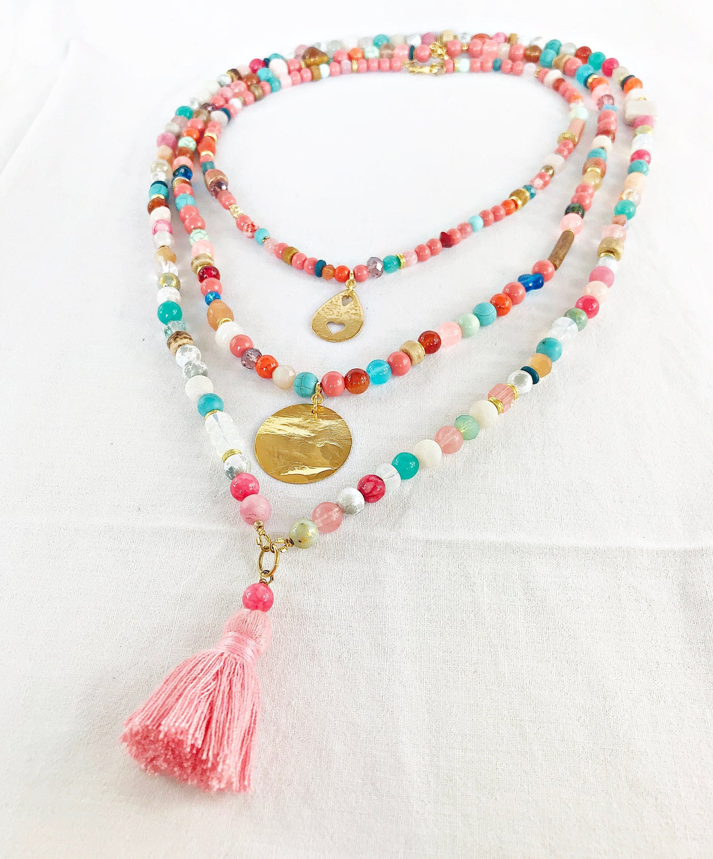 Colorful Boho Necklace with Turquoise, Agate & Amazonite | Handcrafted Ibiza Style Gold Pendant Jewelry