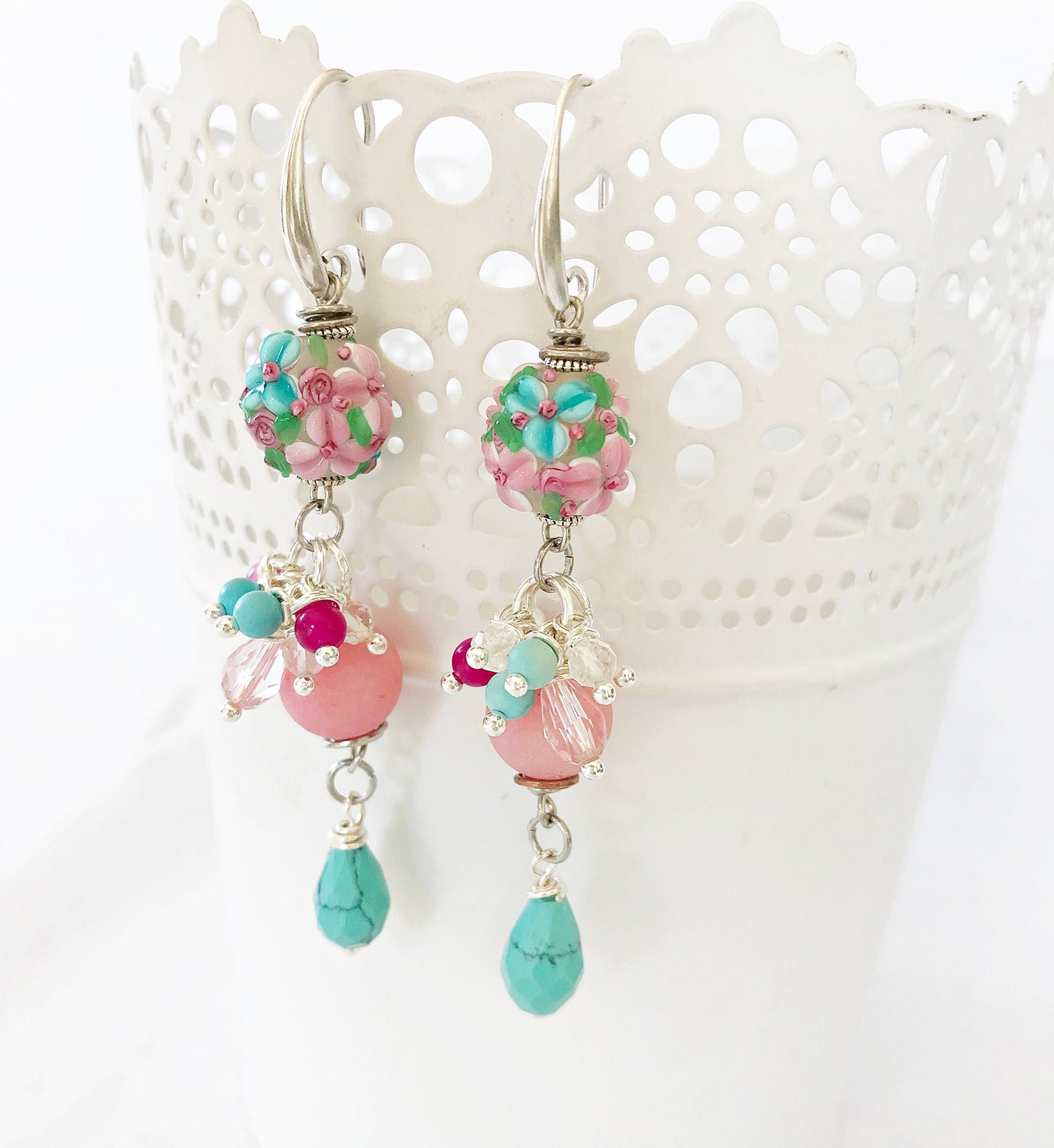 Boho Silver Dangle Earrings | Hera Semi-Precious Stones | Turquoise Murano Glass Lampwork Beads | Handcrafted Gemstone Jewelry