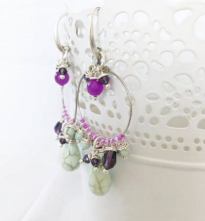 Boho Silver Drop Earrings | Enya Semi-Precious Stones | Designer Gemstone Creoles | Handcrafted Bohemian Jewelry