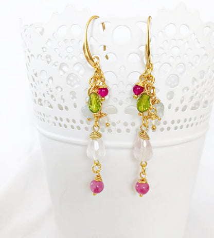 Fenna Gold Boho Drop Earrings | Aquamarine Ruby Gemstone Jewelry | Designer Bohemian Dangle Earrings