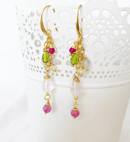 Fenna Gold Boho Drop Earrings | Aquamarine Ruby Gemstone Jewelry | Designer Bohemian Dangle Earrings