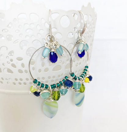 Boho Silver Dangle Earrings | Blue Lagoon Nereide | Turquoise Beaded Hoops | Handmade Designer Jewelry