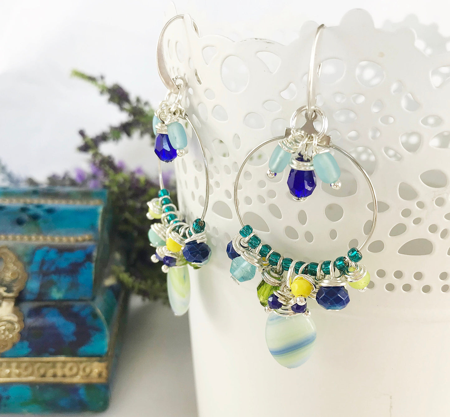 Boho Silver Dangle Earrings | Blue Lagoon Nereide | Turquoise Beaded Hoops | Handmade Designer Jewelry