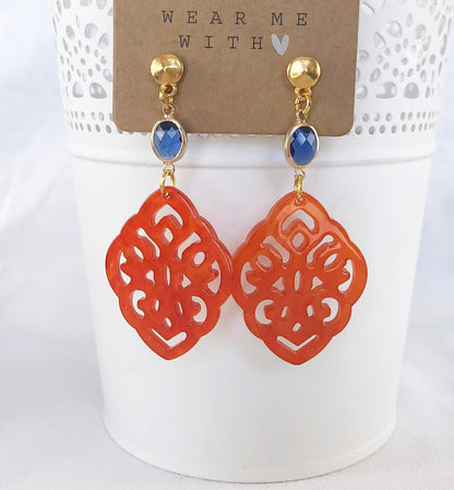 Boho Statement Earrings - Gold Dangle Earrings with Orange and Blue Resin Pendants | IbizaSchmuck