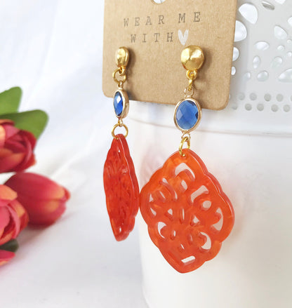 Boho Statement Earrings - Gold Dangle Earrings with Orange and Blue Resin Pendants | IbizaSchmuck