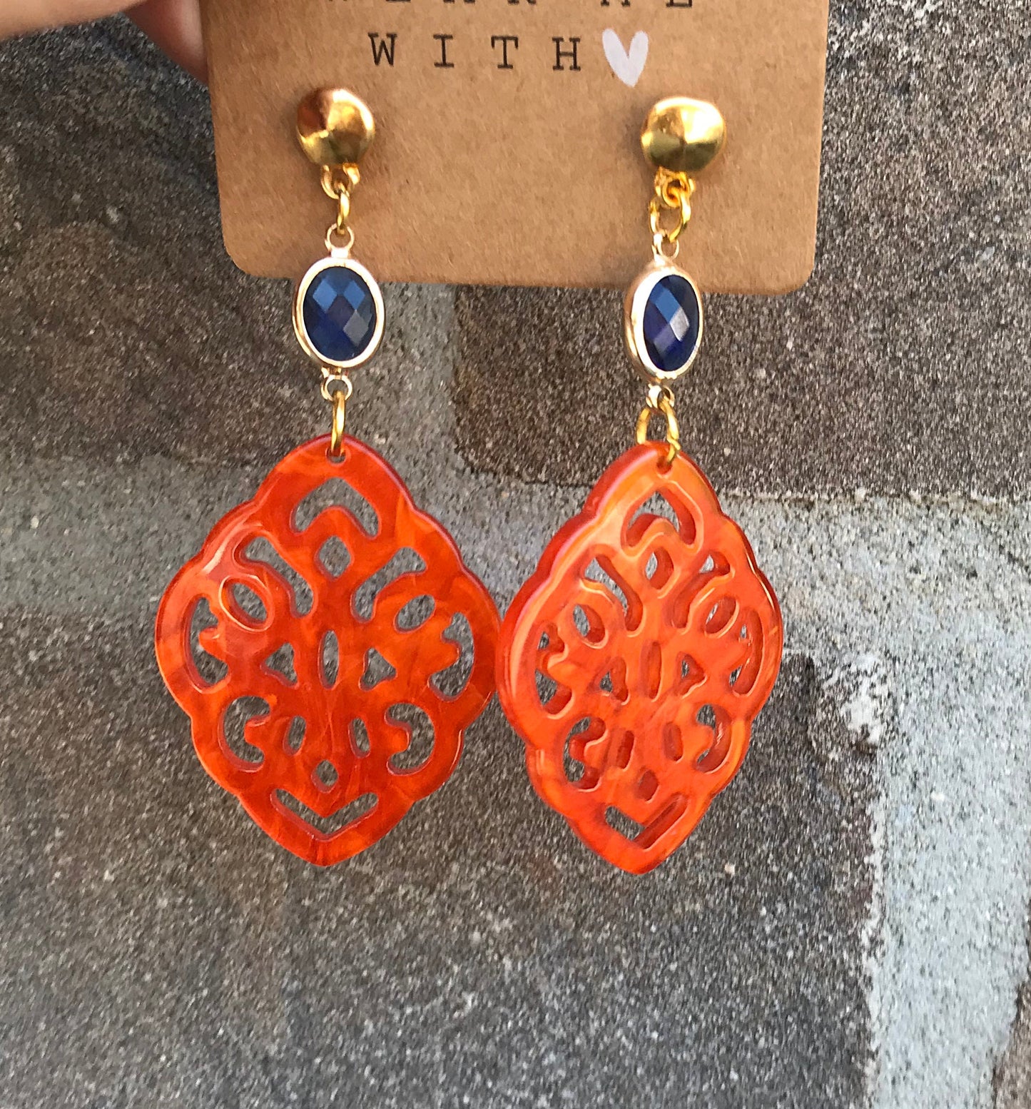 Boho Statement Earrings - Gold Dangle Earrings with Orange and Blue Resin Pendants | IbizaSchmuck